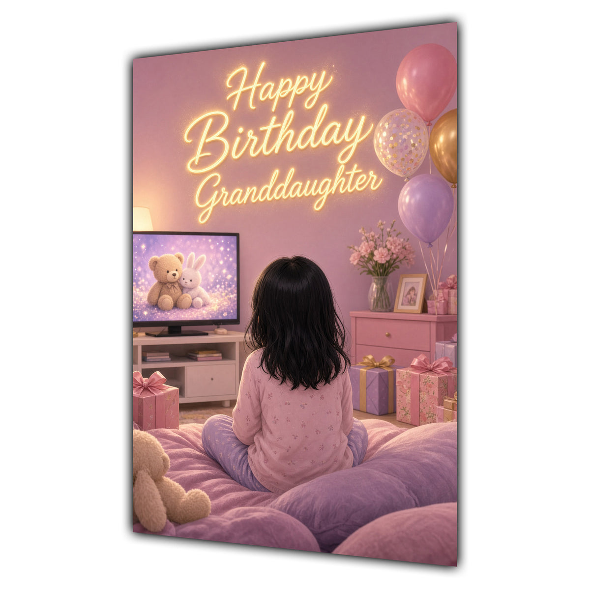 Happy Birthday Granddaughter Black Hair Pink TV Bedroom Card A5