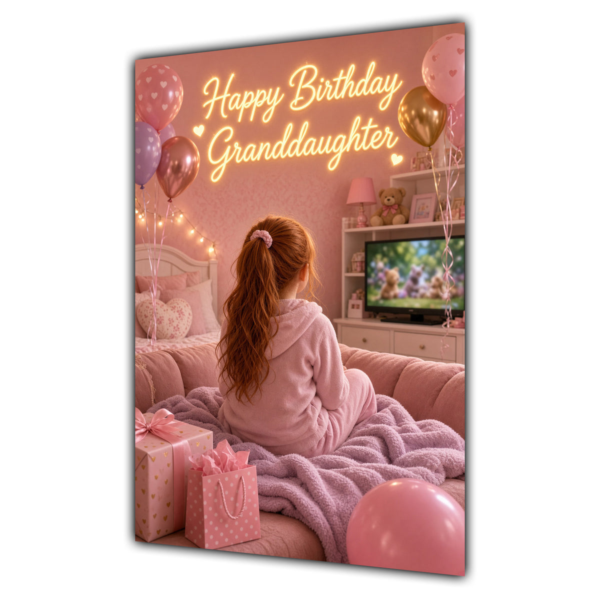 Happy Birthday Granddaughter Ginger Hair Pink TV Bedroom Card A5