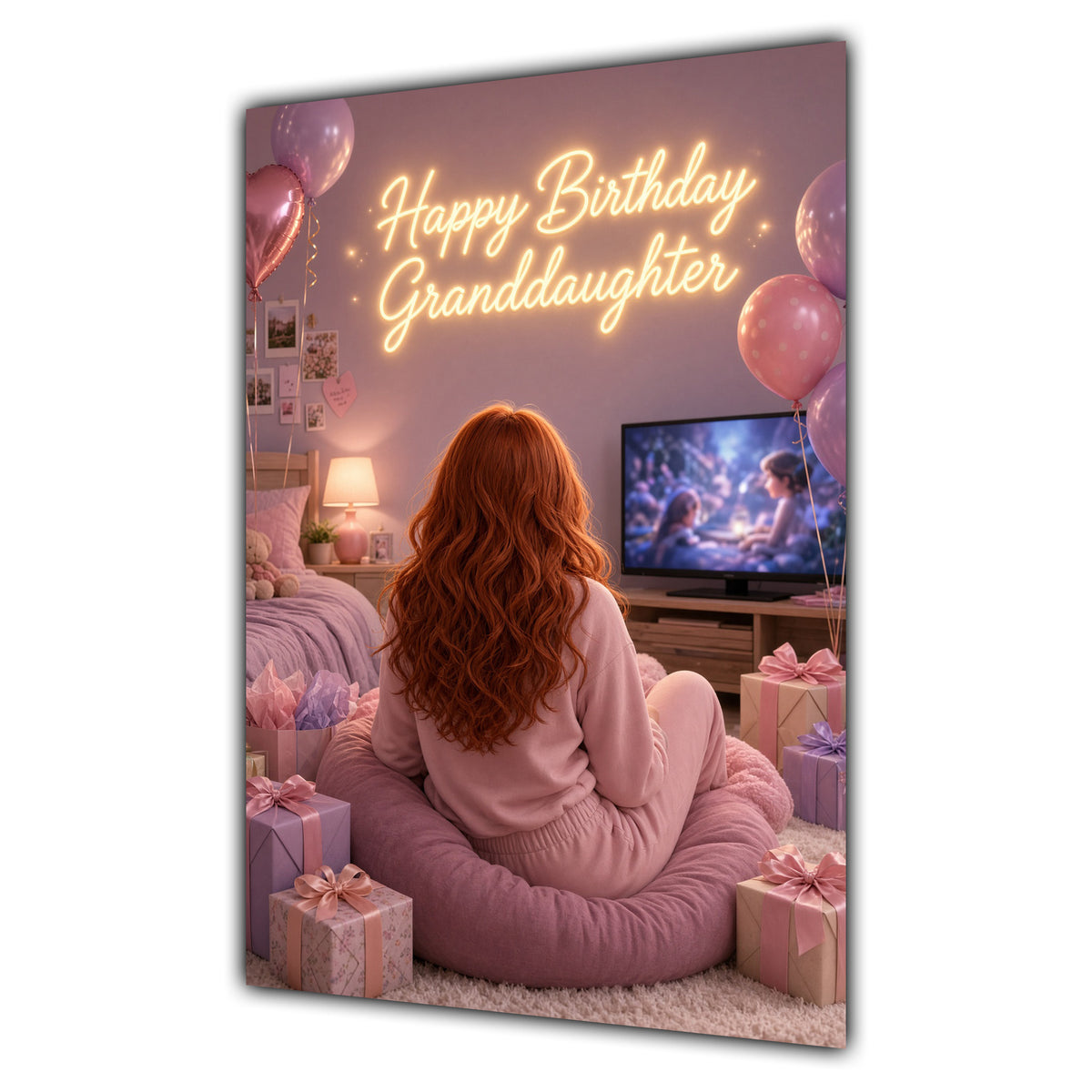 Happy Birthday Granddaughter Ginger Hair Pink TV Bedroom Card A5