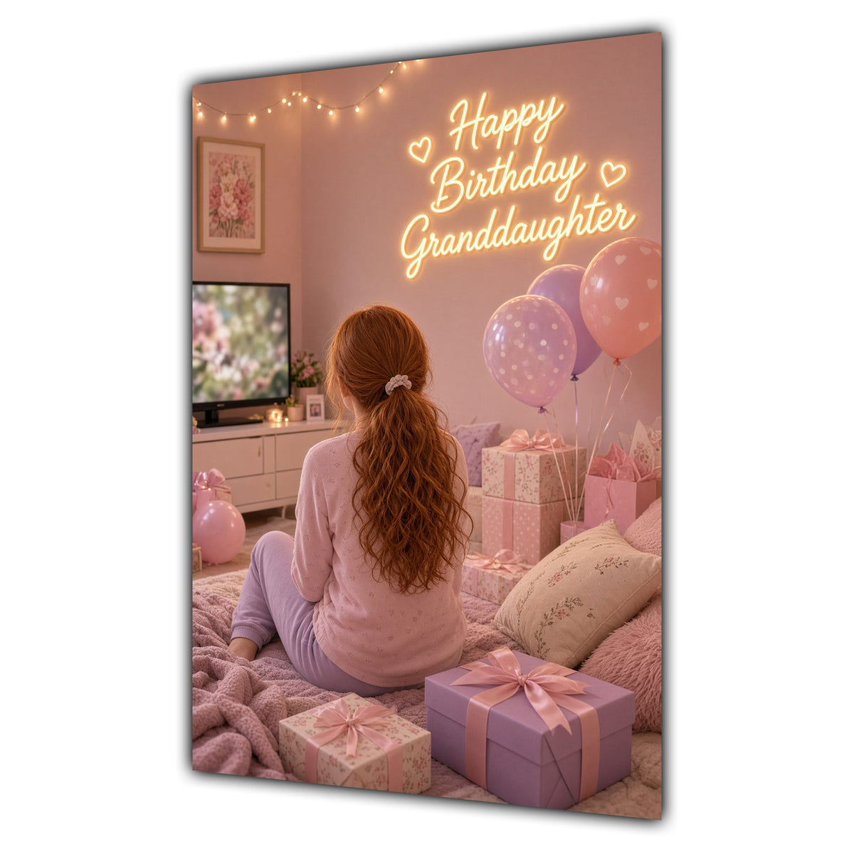 Happy Birthday Granddaughter Ginger Hair Pink TV Bedroom Card A5
