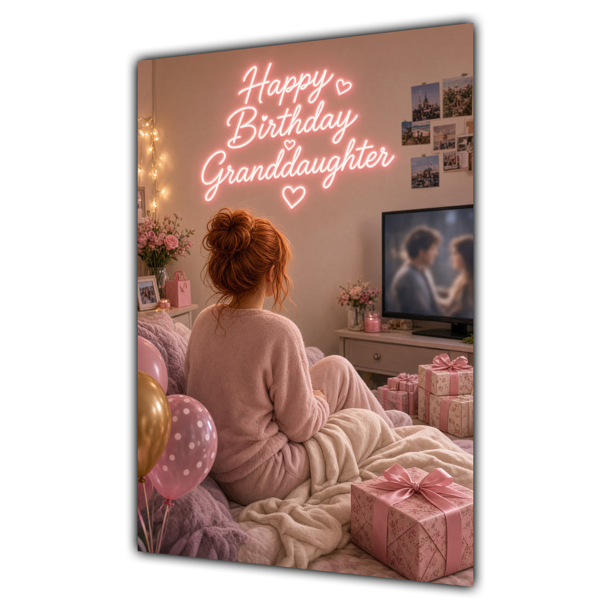 Happy Birthday Granddaughter Ginger Hair Pink TV Bedroom Card A5