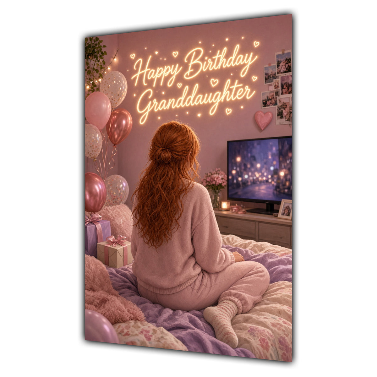 Happy Birthday Granddaughter Ginger Hair Pink TV Bedroom Card A5