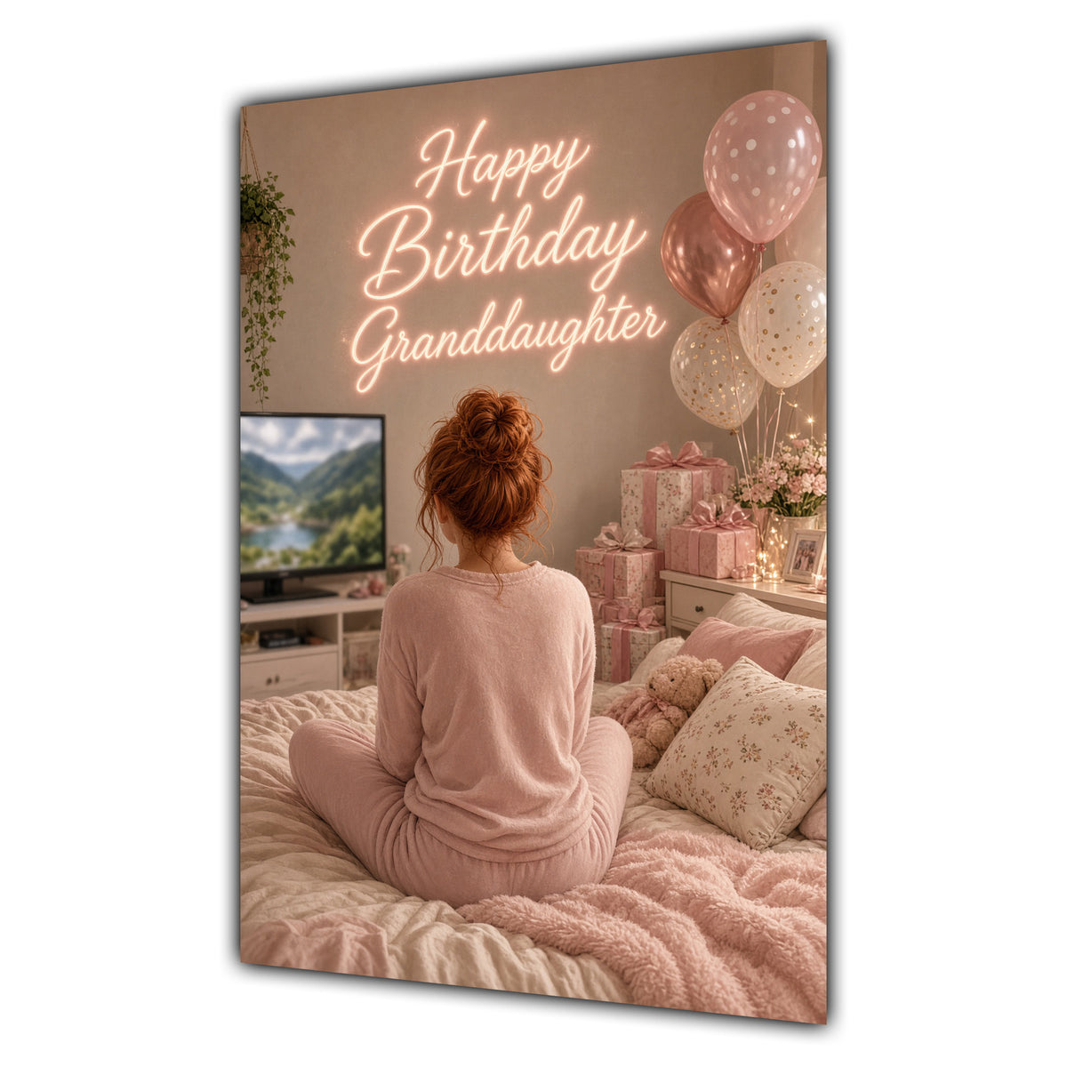 Happy Birthday Granddaughter Ginger Hair Pink TV Bedroom Card A5