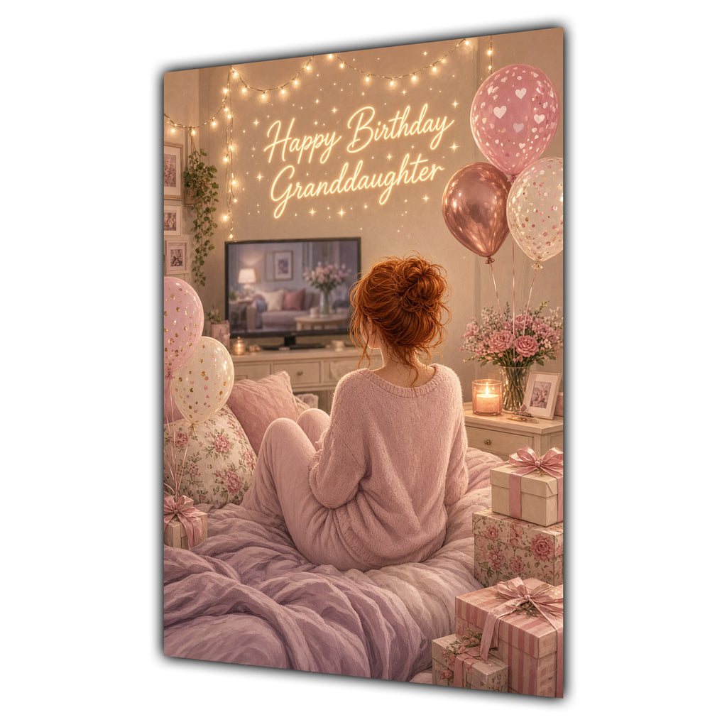 Happy Birthday Granddaughter Ginger Hair Pink TV Bedroom Card A5