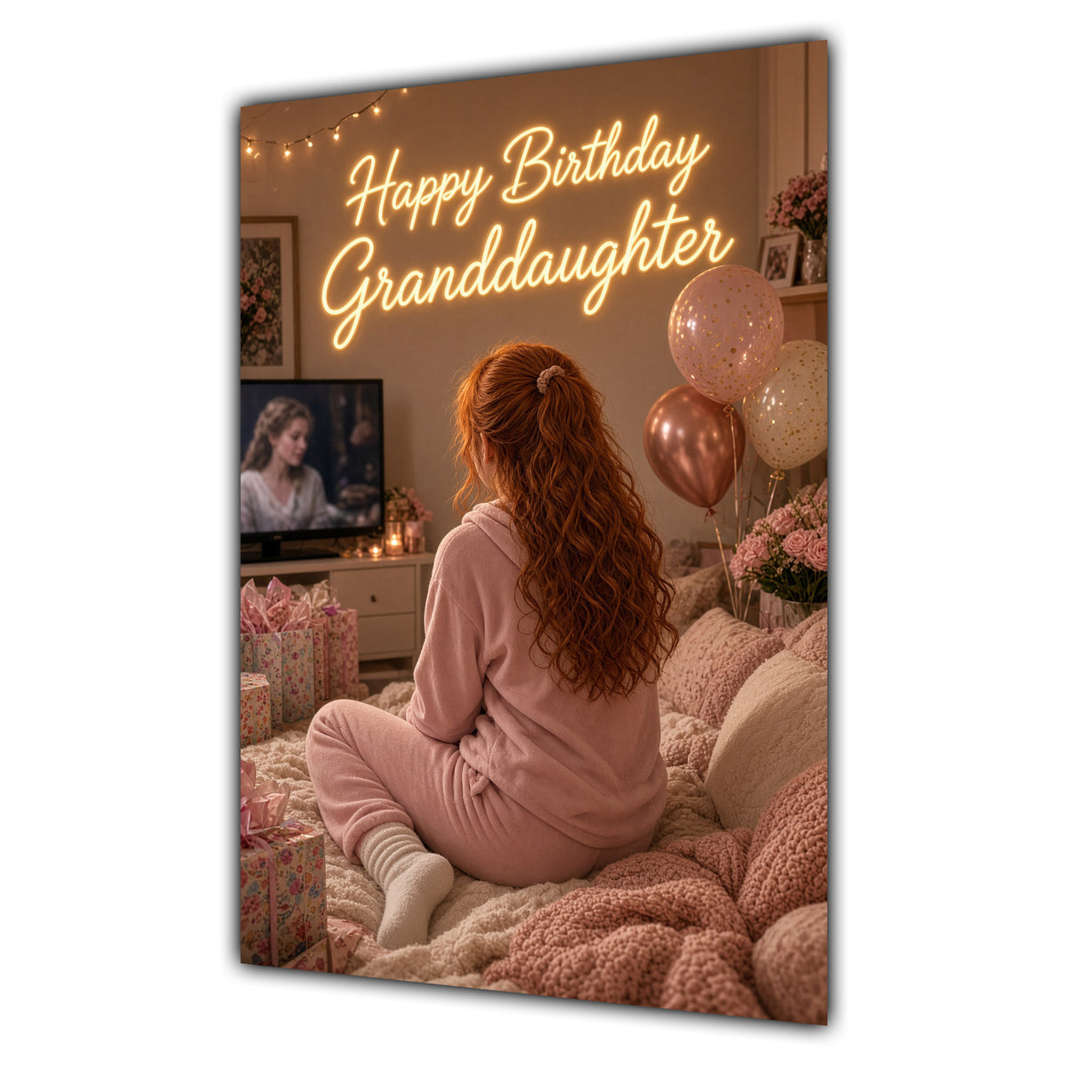 Happy Birthday Granddaughter Ginger Hair Pink TV Bedroom Card A5