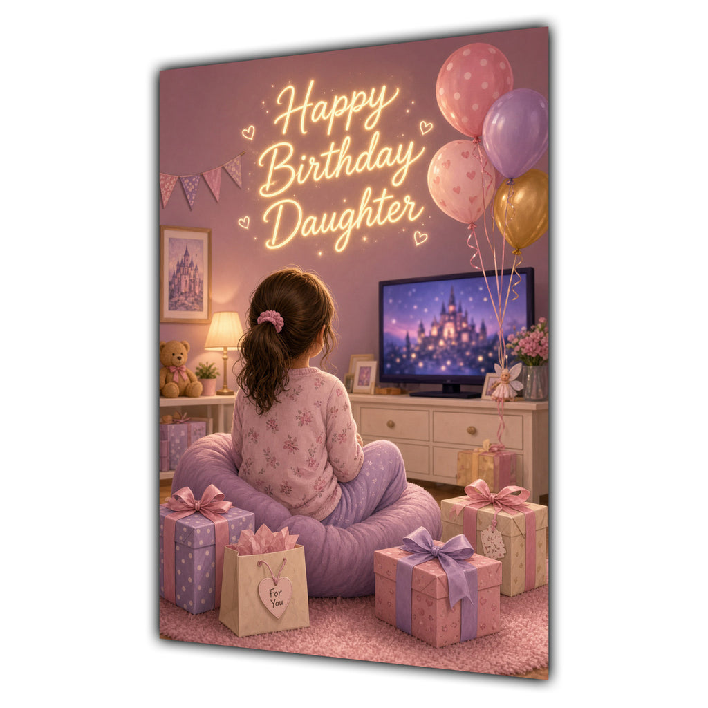 Happy Birthday Daughter Brown Hair Pink TV Bedroom Card A5