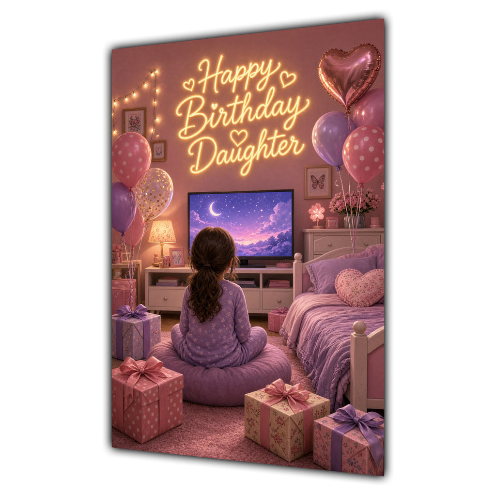 Happy Birthday Daughter Brown Hair Pink TV Bedroom Card A5