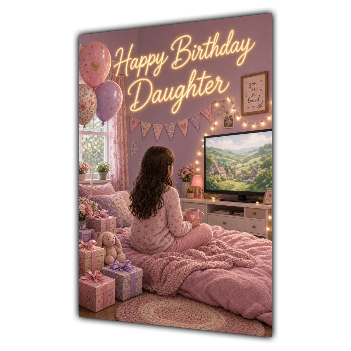Happy Birthday Daughter Brown Hair Pink TV Bedroom Card A5