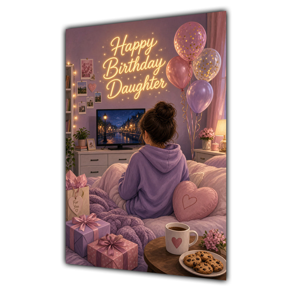 Happy Birthday Daughter Brown Hair Pink TV Bedroom Card A5