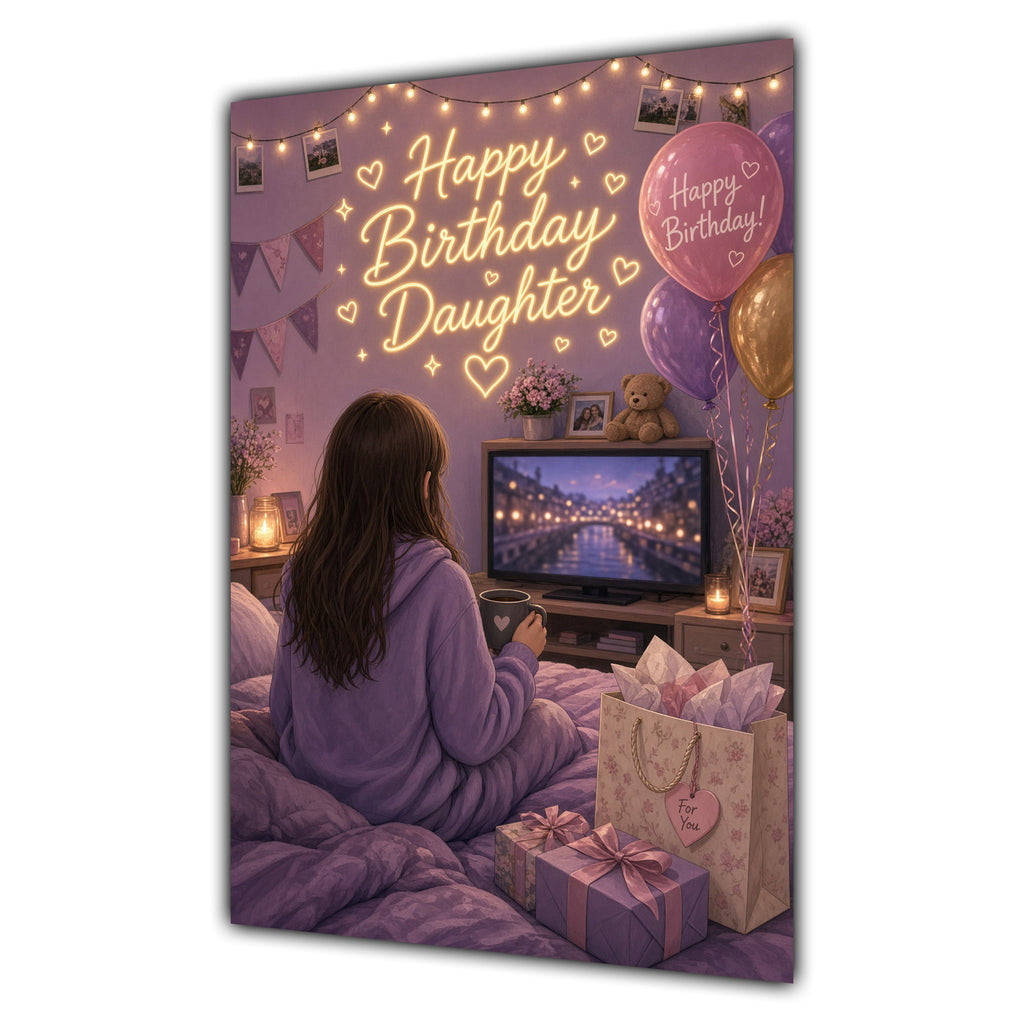 Happy Birthday Daughter Brown Hair Pink TV Bedroom Card A5