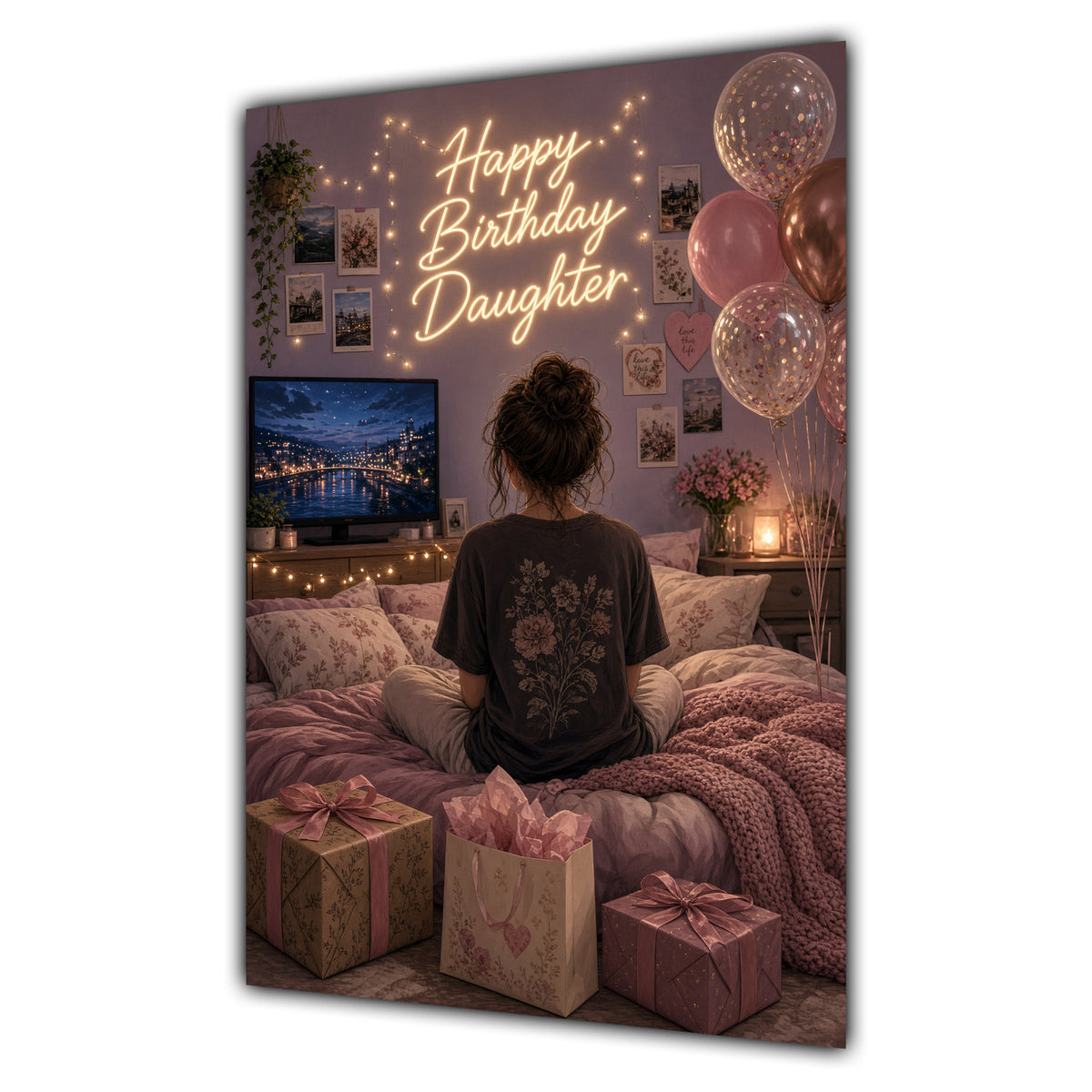 Happy Birthday Daughter Brown Hair Pink TV Bedroom Card A5
