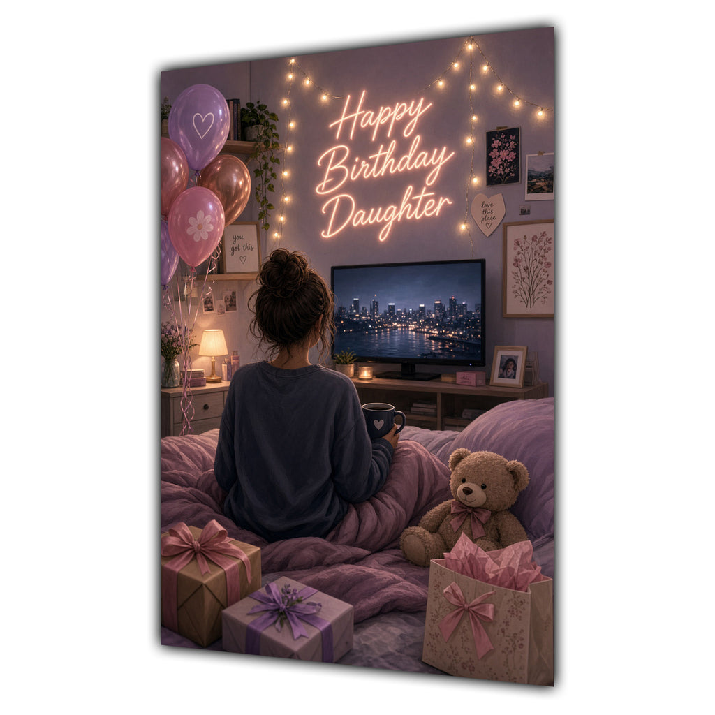 Happy Birthday Daughter Brown Hair Pink TV Bedroom Card A5