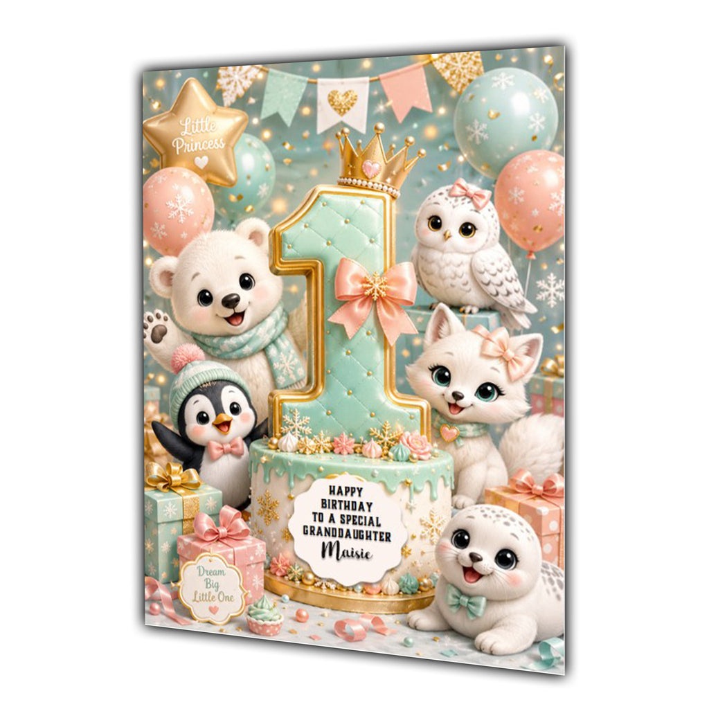 1st Birthday Card Girl Penguin Seal Granddaughter Daughter Large A5 Size
