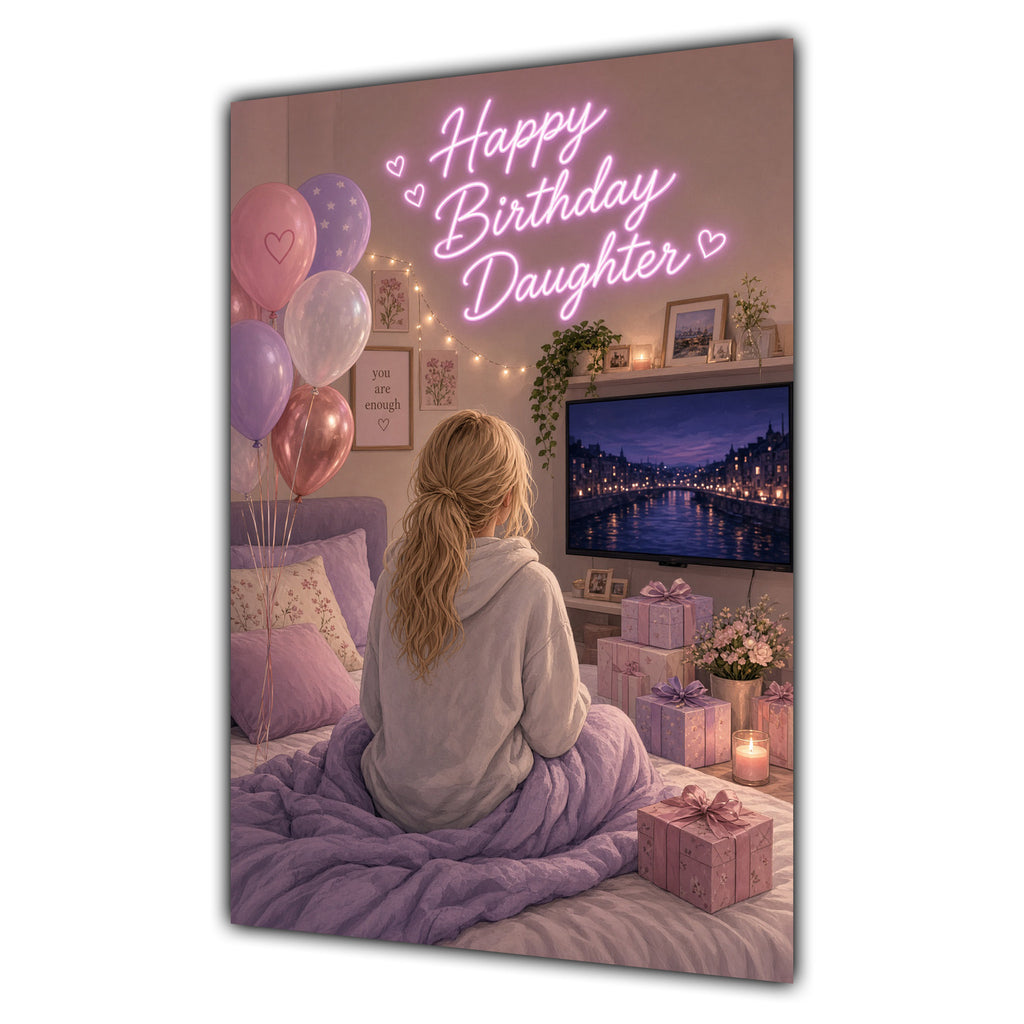 Happy Birthday Daughter Blonde Hair Pink TV Bedroom Card A5