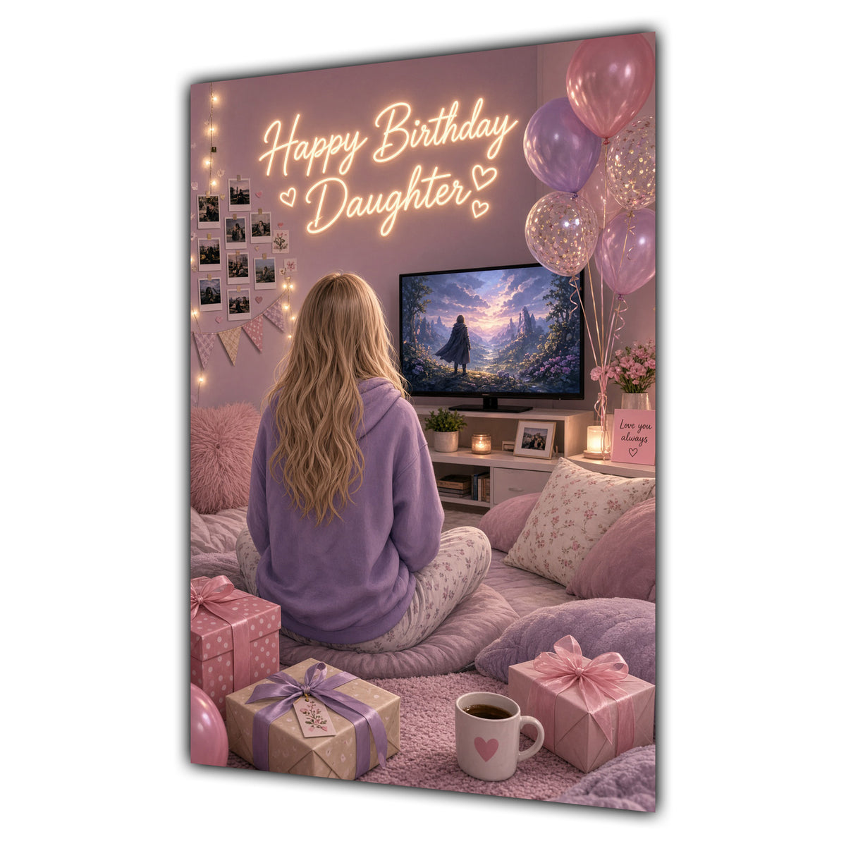 Happy Birthday Daughter Blonde Hair Pink TV Bedroom Card A5