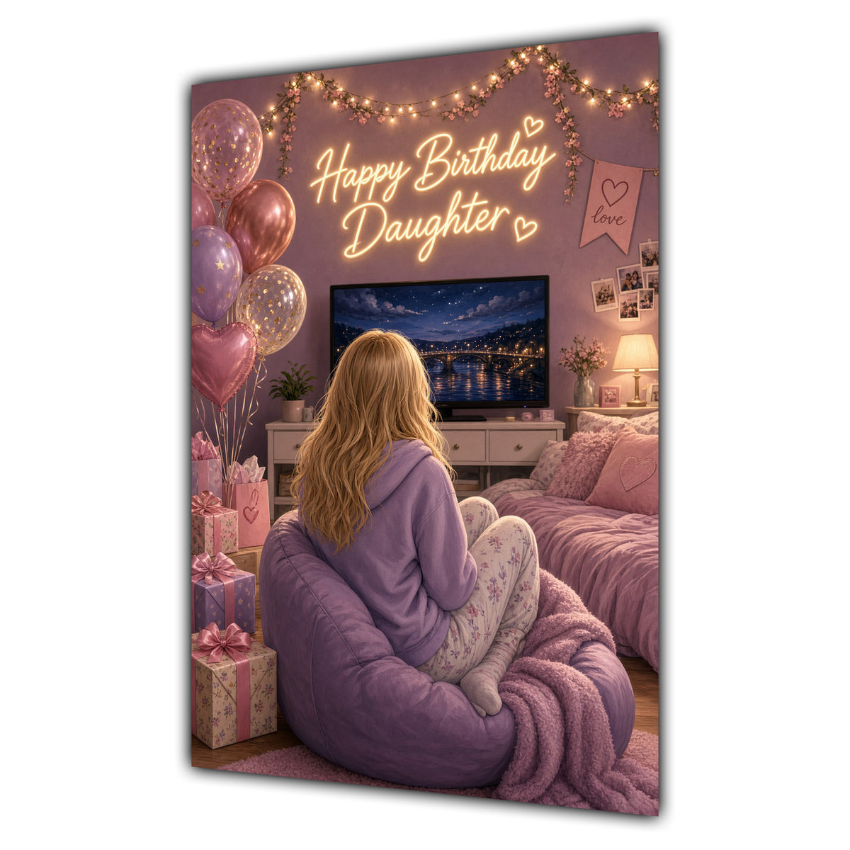 Happy Birthday Daughter Blonde Hair Pink TV Bedroom Card A5