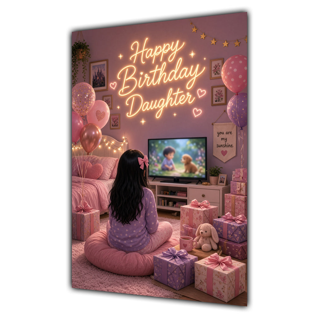 Happy Birthday Daughter Black Hair Pink TV Bedroom Card A5