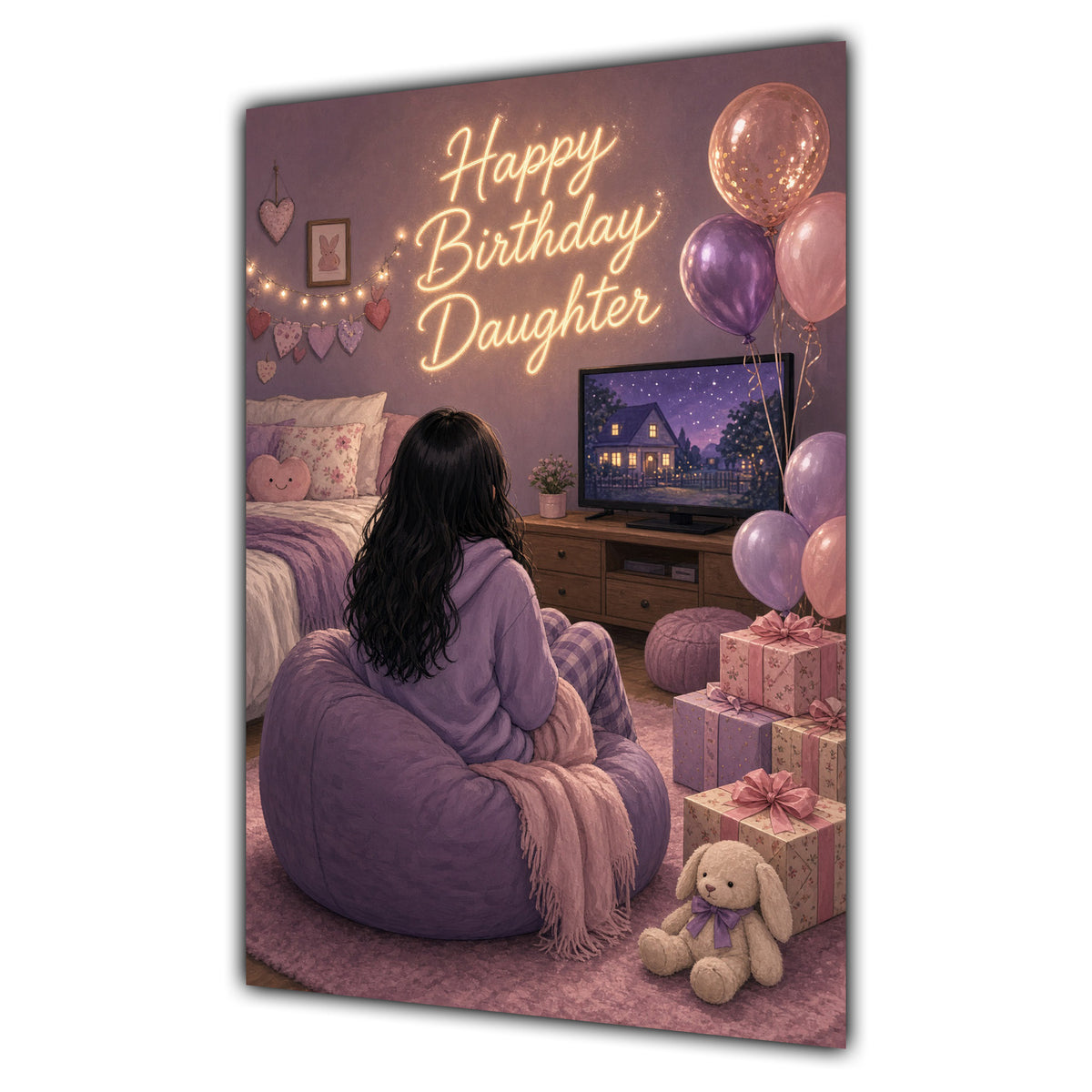Happy Birthday Daughter Black Hair Pink TV Bedroom Card A5