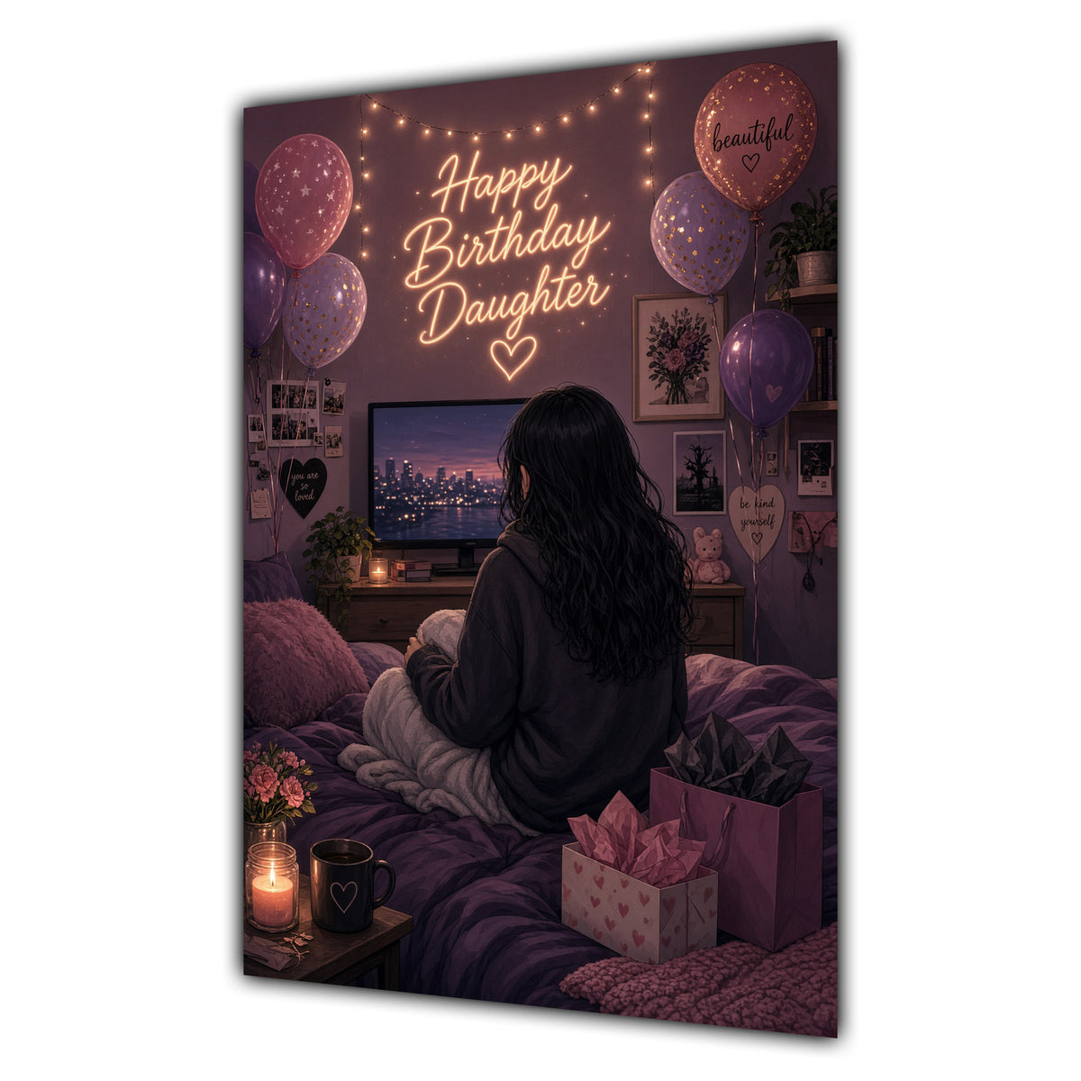 Happy Birthday Daughter Black Hair Pink TV Bedroom Card A5