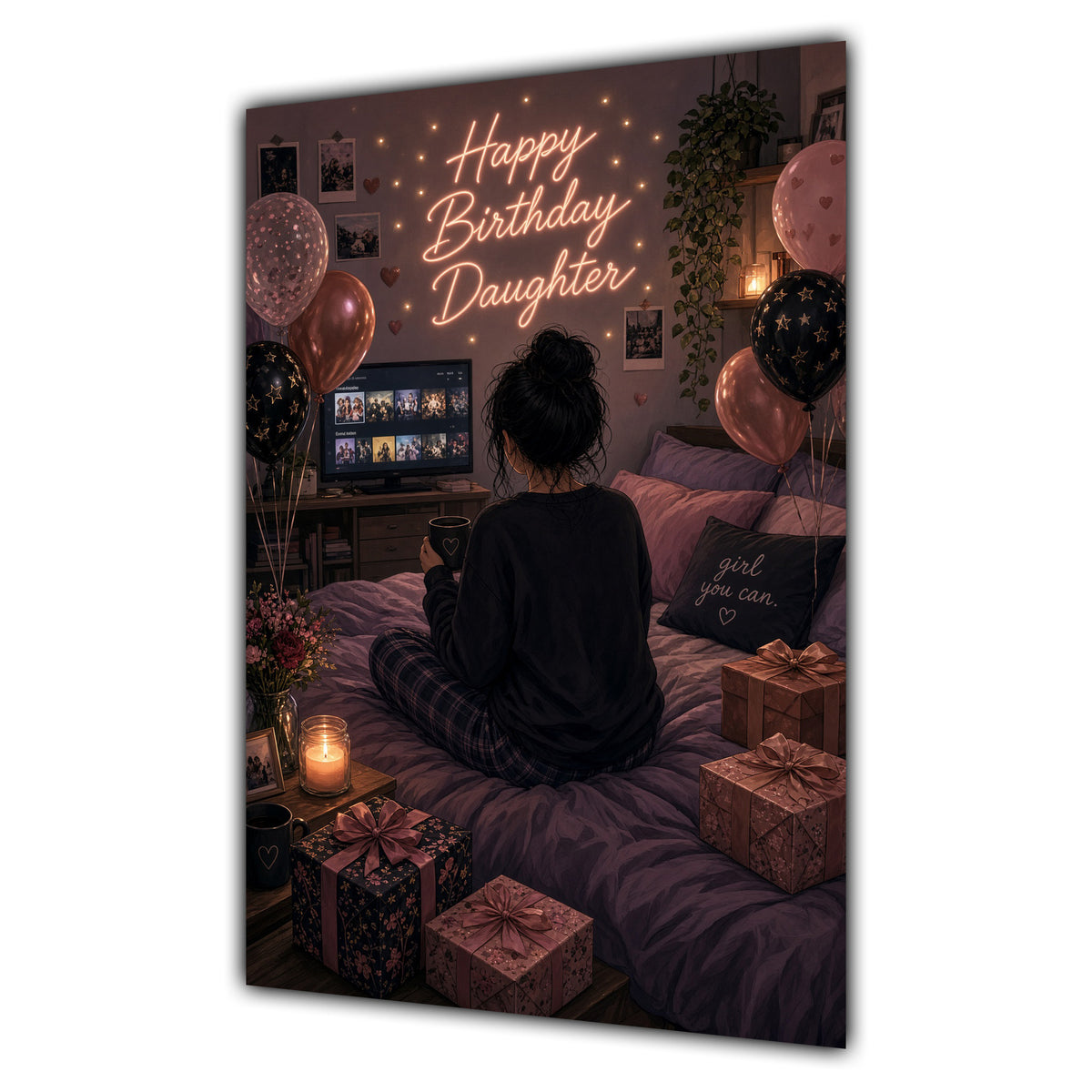 Happy Birthday Daughter Black Hair Pink TV Bedroom Card A5