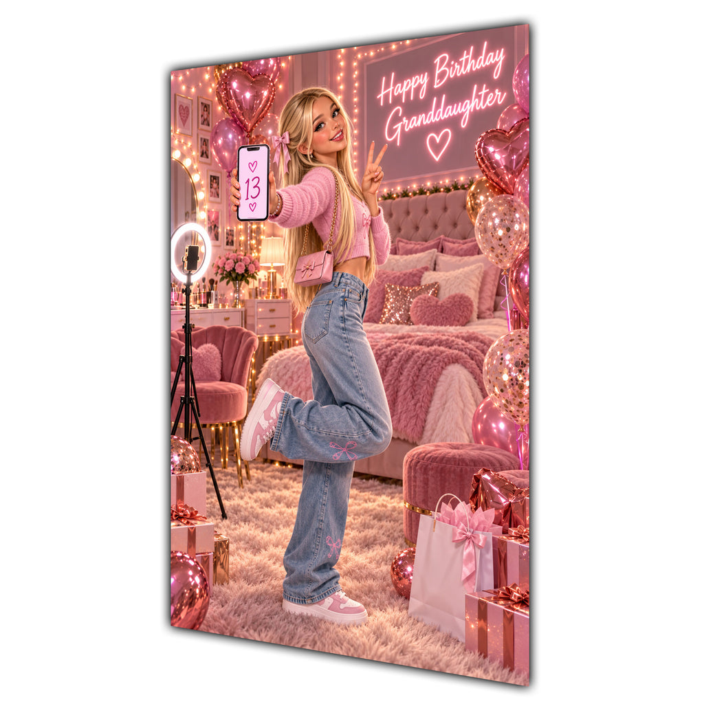 Happy 13th Birthday Granddaughter Blonde Hair Pink Selfie Card A5