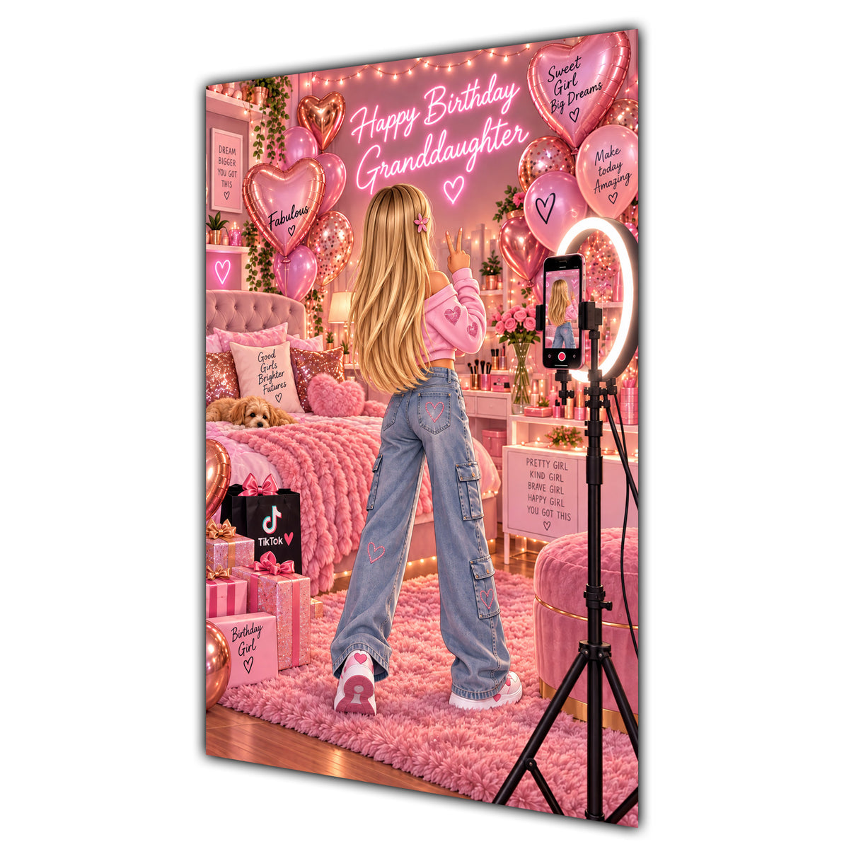 Happy Birthday Granddaughter Blonde Hair Pink Selfie Card A5