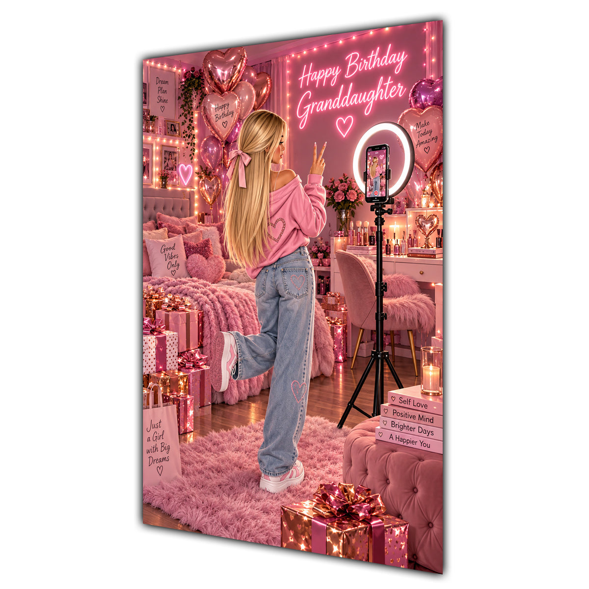 Happy Birthday Granddaughter Blonde Hair Pink Selfie Card A5