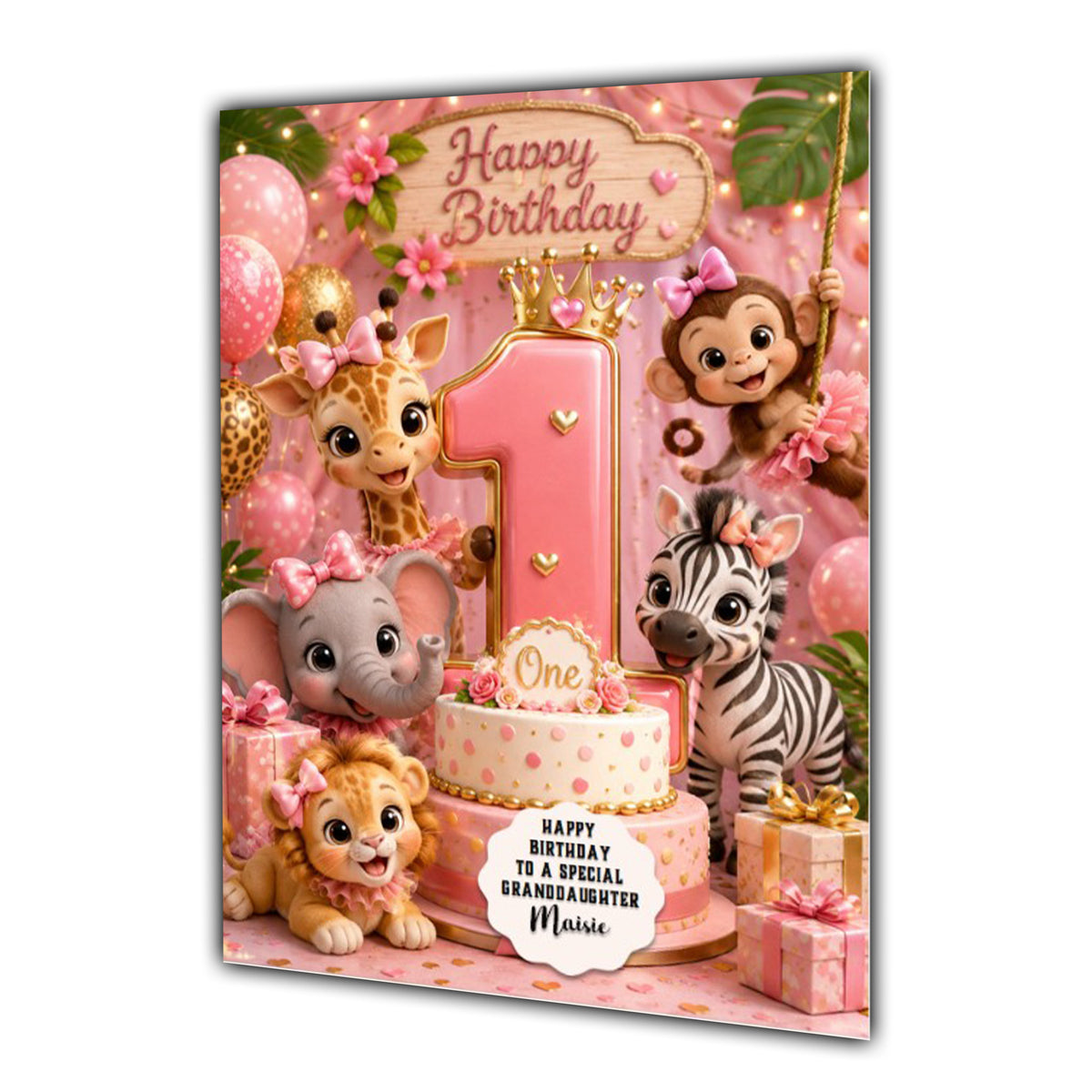 1st Birthday Card Girl Giraffe Zebra Granddaughter Daughter Large A5 Size