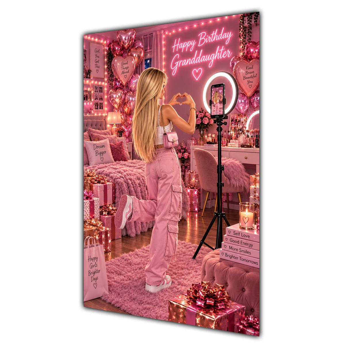 Happy Birthday Granddaughter Blonde Hair Pink Selfie Card A5