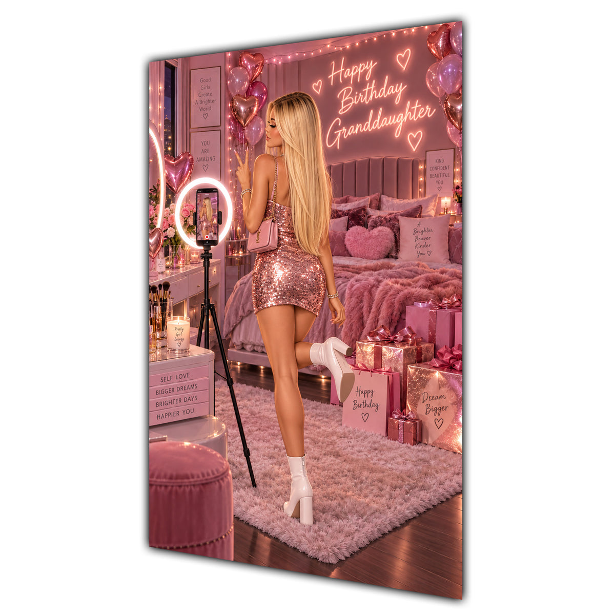 Happy Birthday Granddaughter Blonde Hair Pink Selfie Card A5