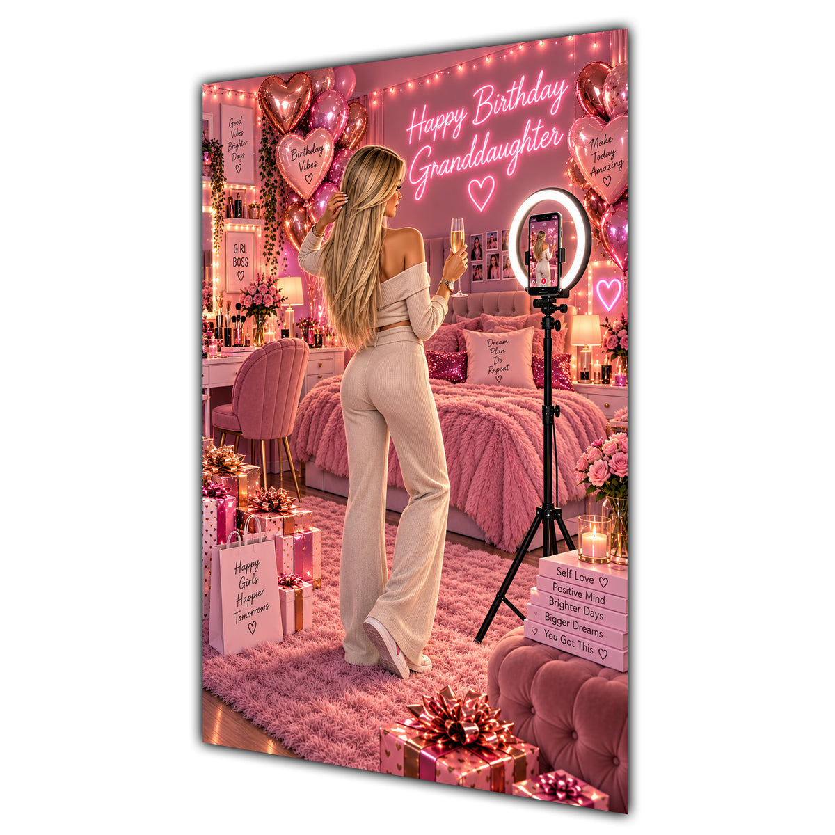 Happy Birthday Granddaughter Blonde Hair Pink Selfie Card A5