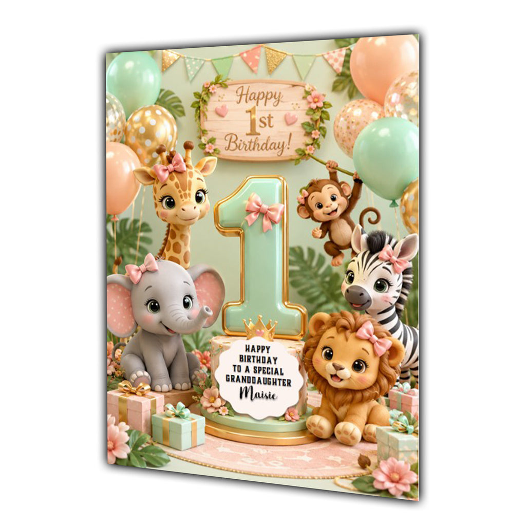 1st Birthday Card Girl Jungle Animals Granddaughter Daughter Large A5 Size