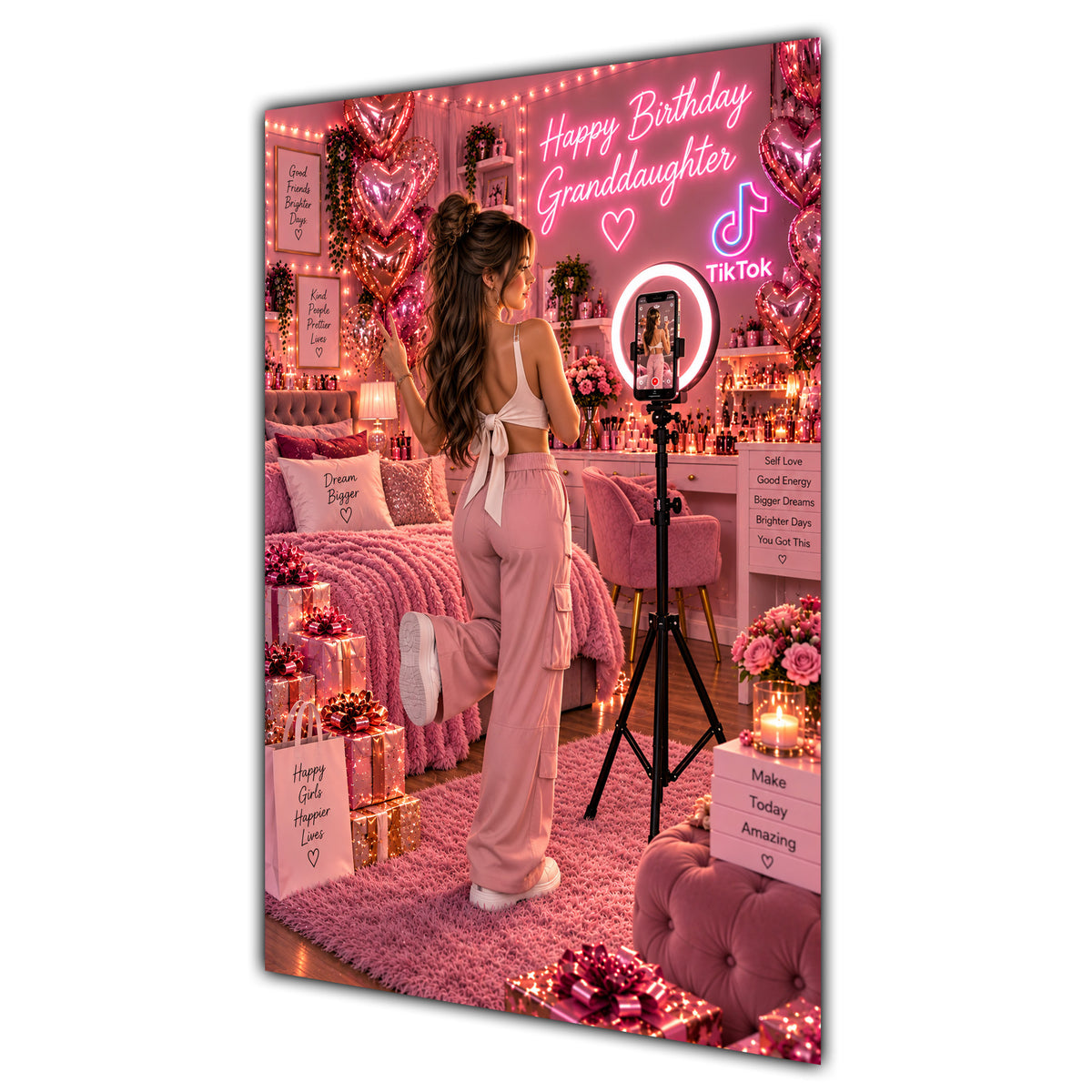 Happy Birthday Granddaughter Brown Hair Pink Selfie Card A5