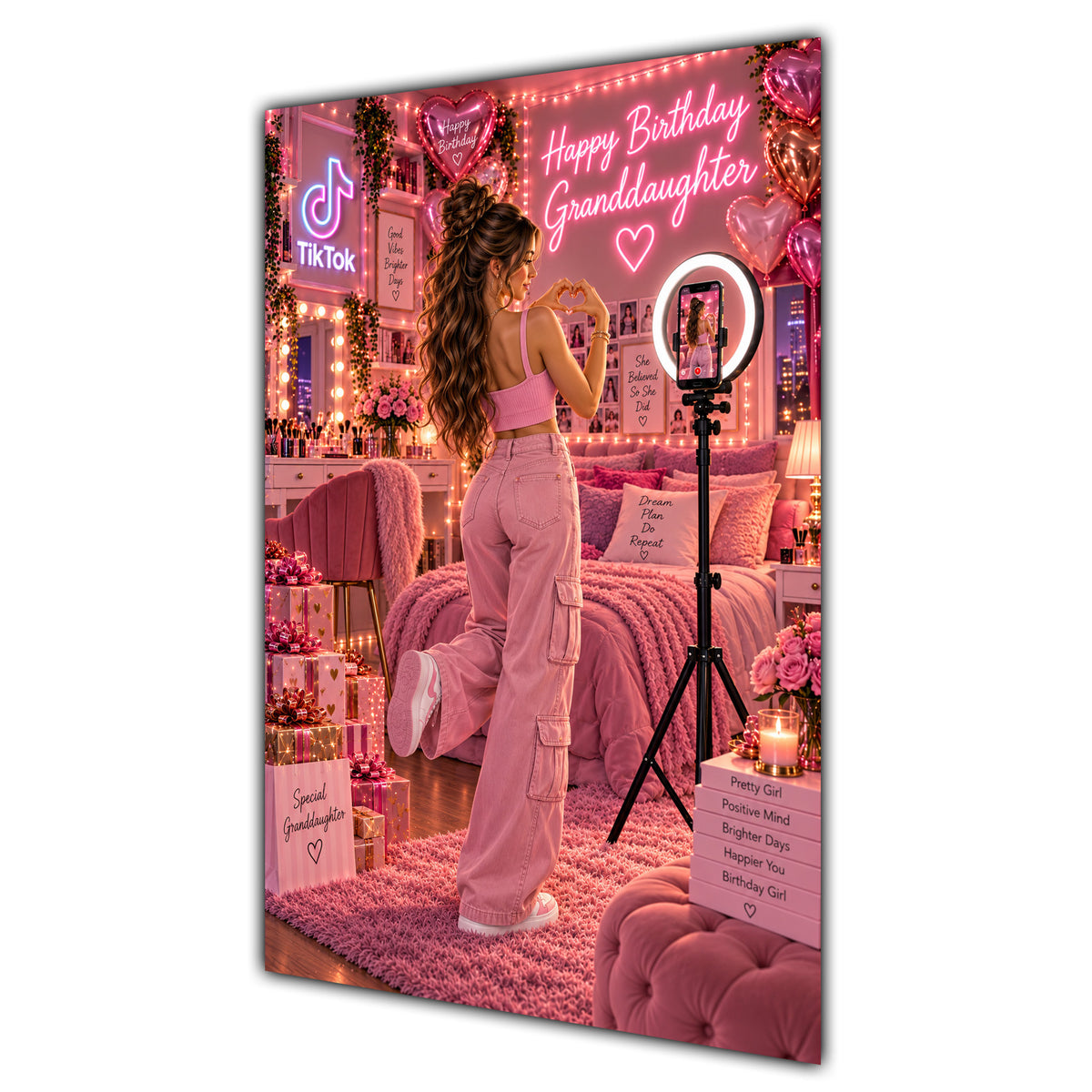 Happy Birthday Granddaughter Brown Hair Pink Selfie Card A5