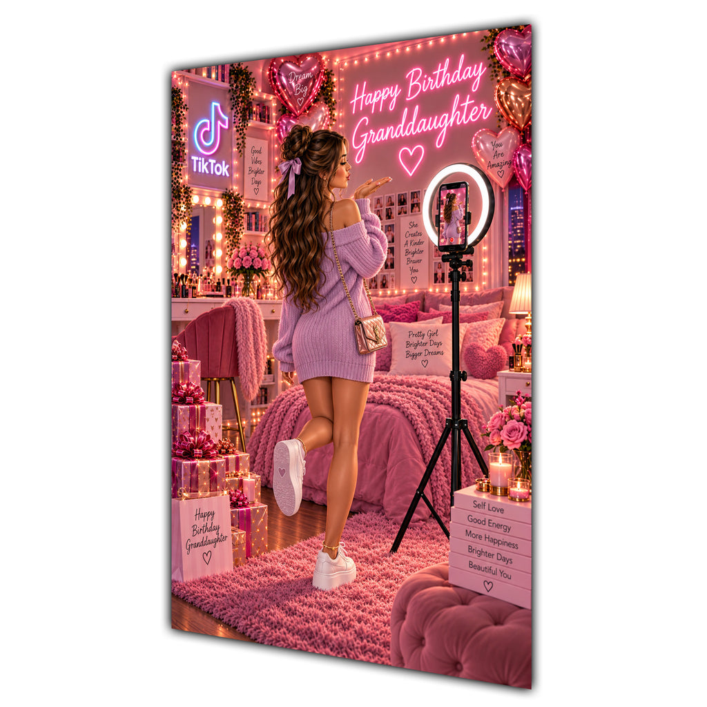 Happy Birthday Granddaughter Brown Hair Pink Selfie Card A5