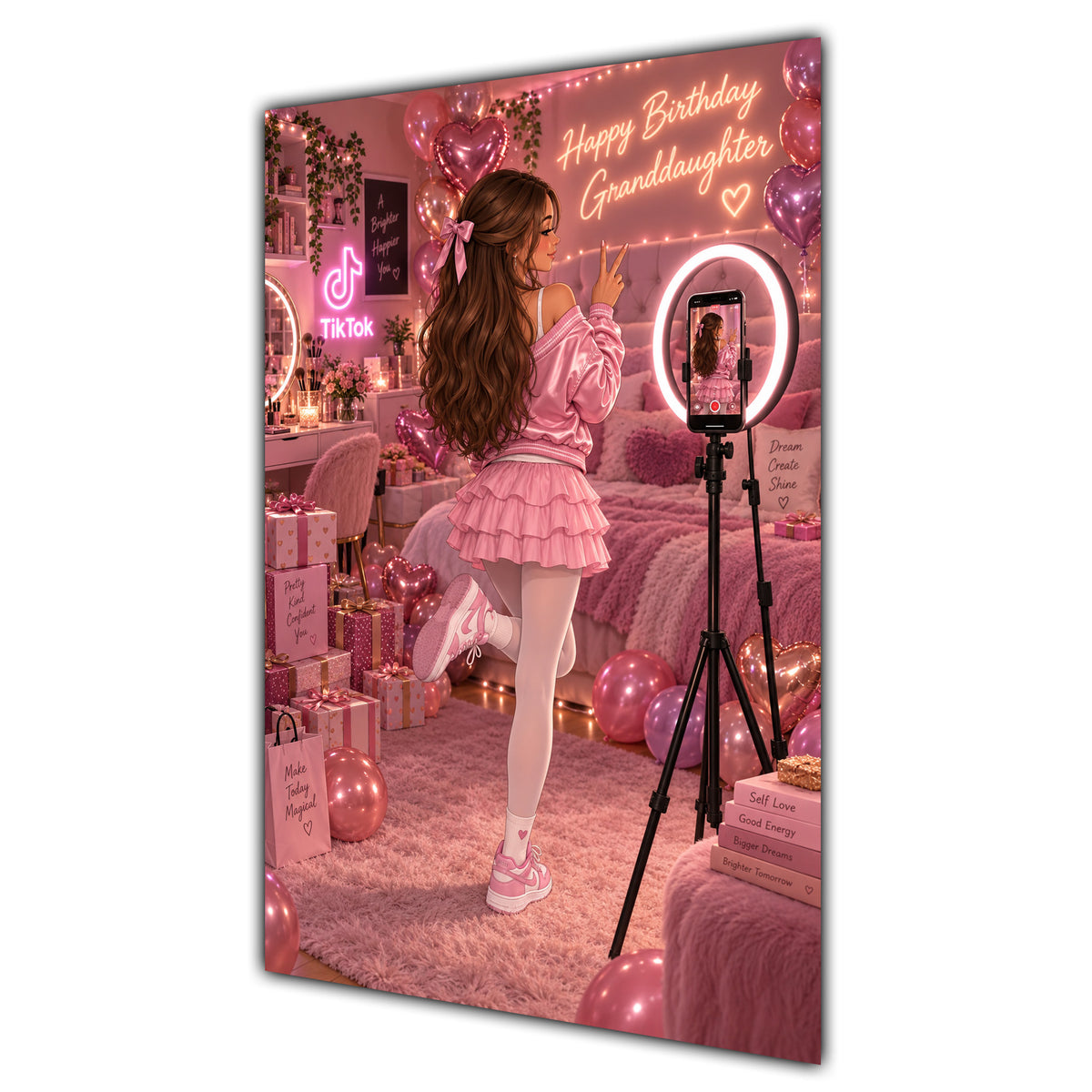 Happy Birthday Granddaughter Brown Hair Pink Selfie Card A5