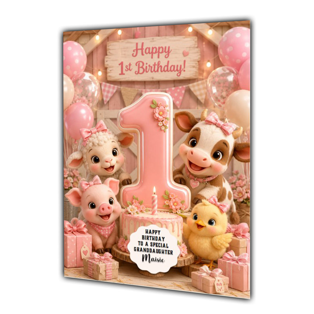 1st Birthday Card Girl Pig Cow Sheep Granddaughter Daughter Large A5 Size