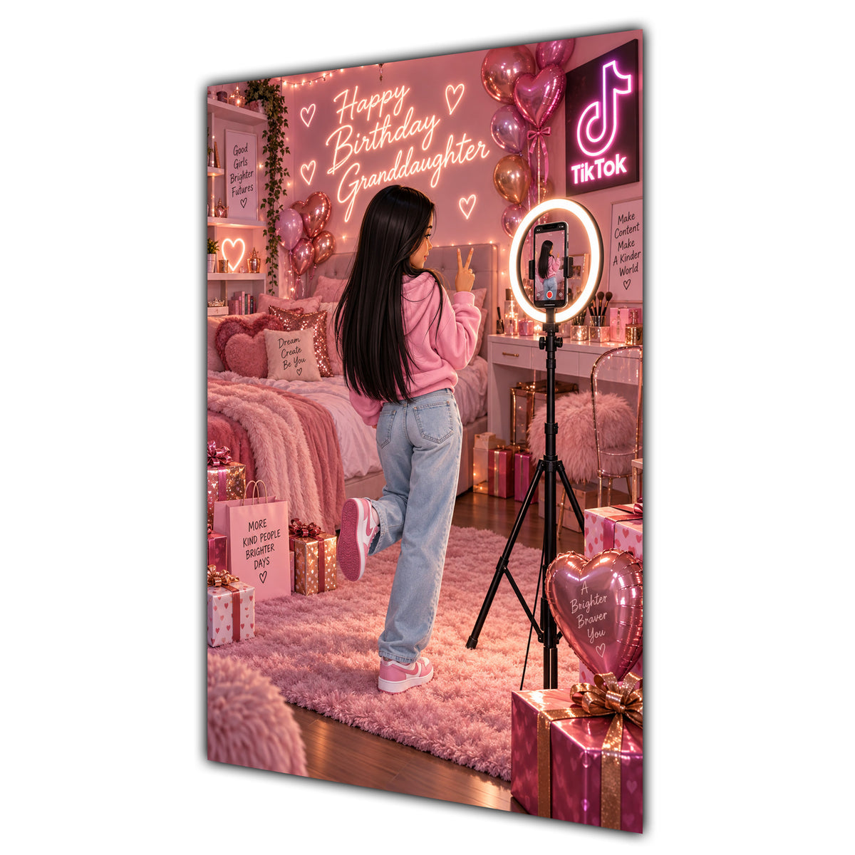 Happy Birthday Granddaughter Black Hair Pink Selfie Card A5