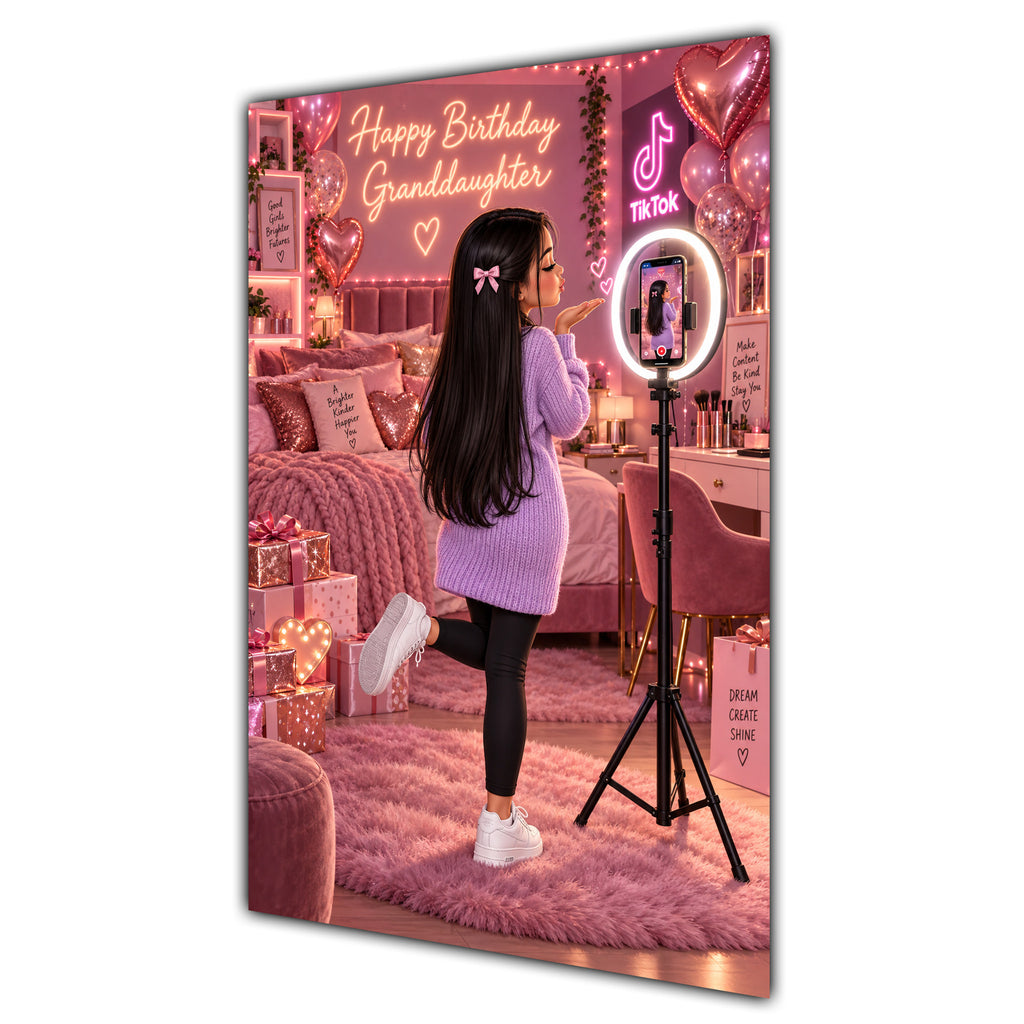 Happy Birthday Granddaughter Black Hair Pink Selfie Card A5