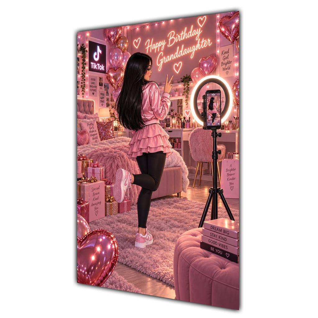 Happy Birthday Granddaughter Black Hair Pink Selfie Card A5