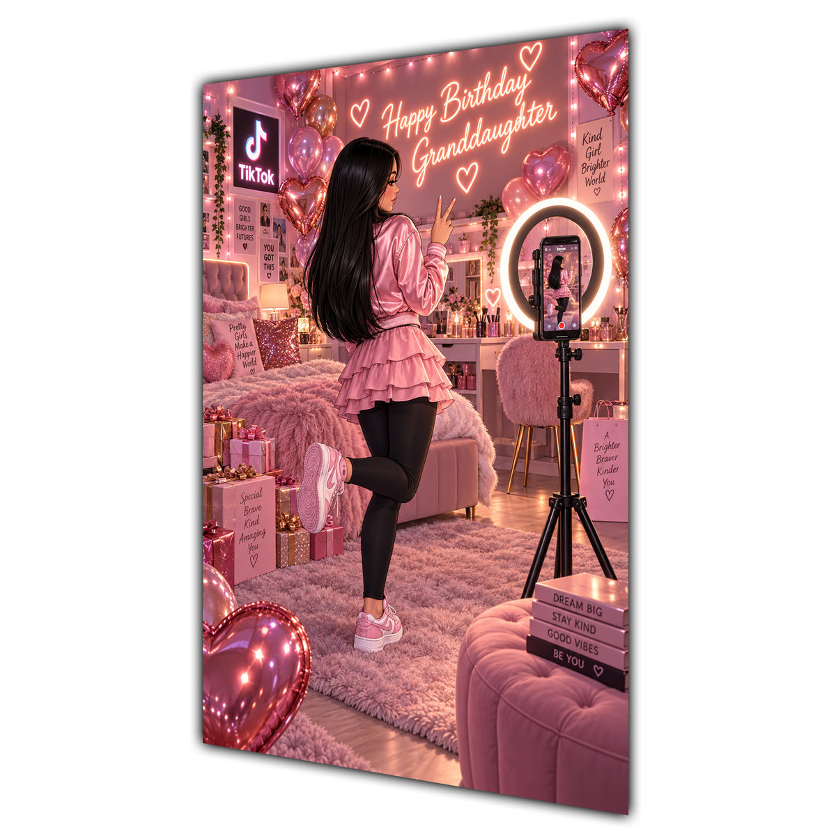Happy Birthday Granddaughter Black Hair Pink Selfie Card A5
