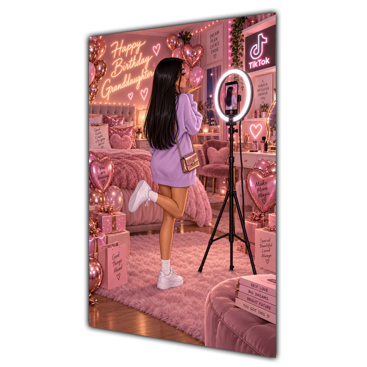 Happy Birthday Granddaughter Black Hair Pink Selfie Card A5