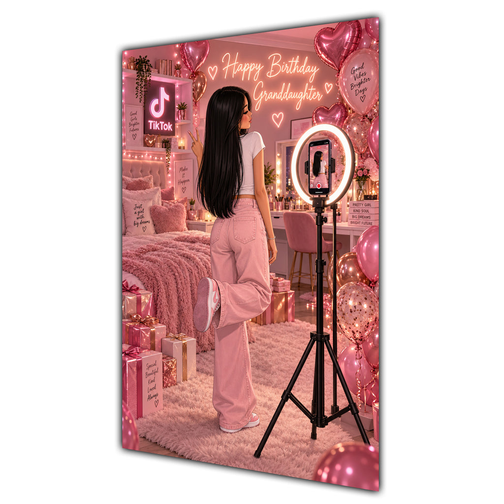 Happy Birthday Granddaughter Black Hair Pink Selfie Card A5