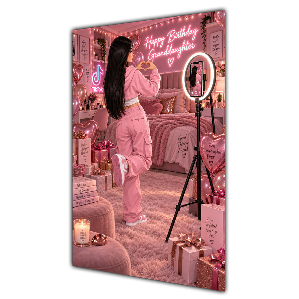Happy Birthday Granddaughter Black Hair Pink Selfie Card A5