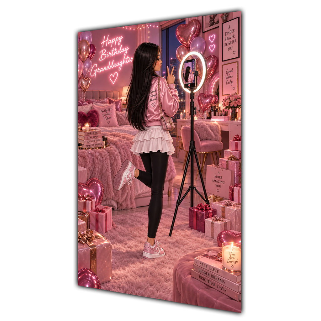 Happy Birthday Granddaughter Black Hair Pink Selfie Card A5