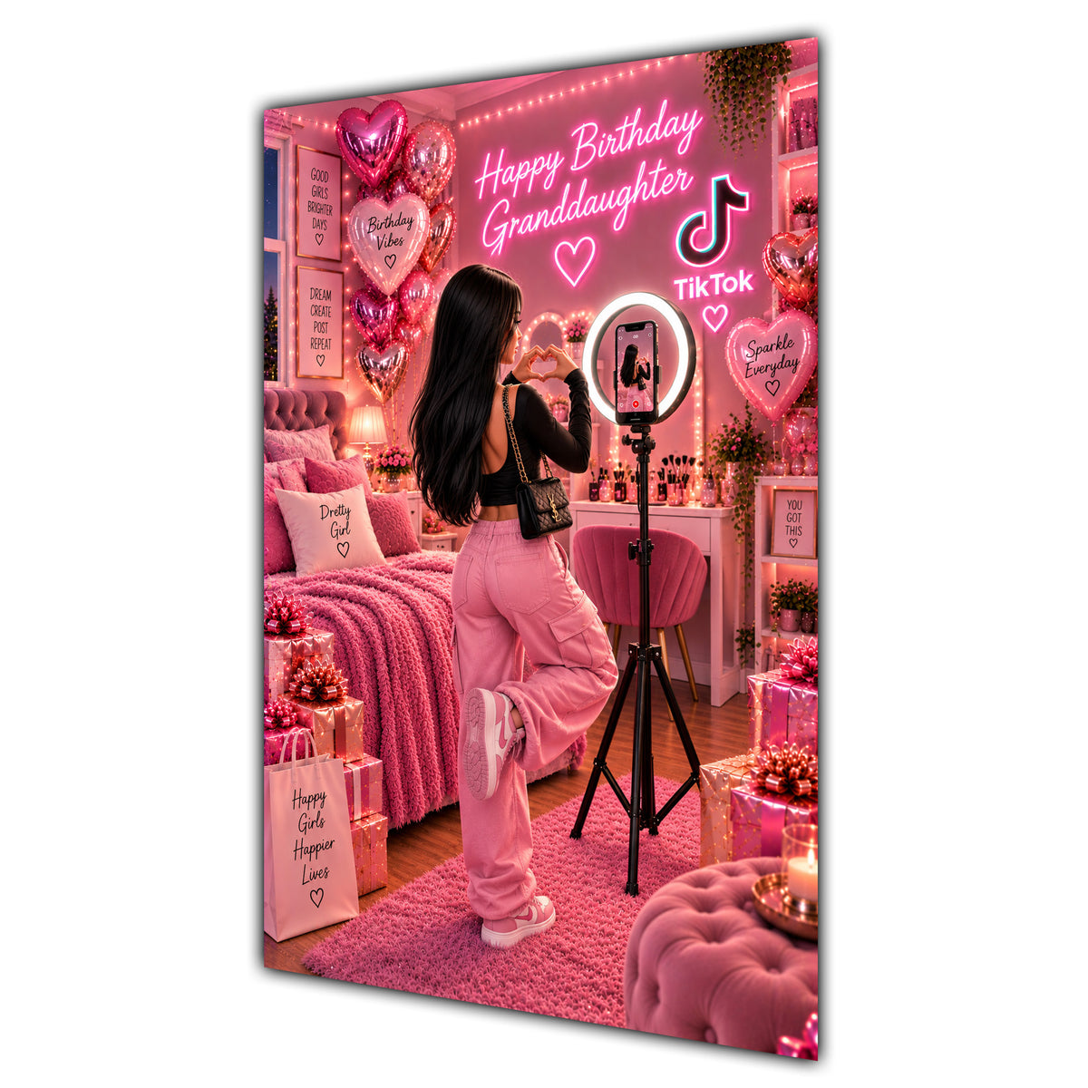 Happy Birthday Granddaughter Black Hair Pink Selfie Card A5