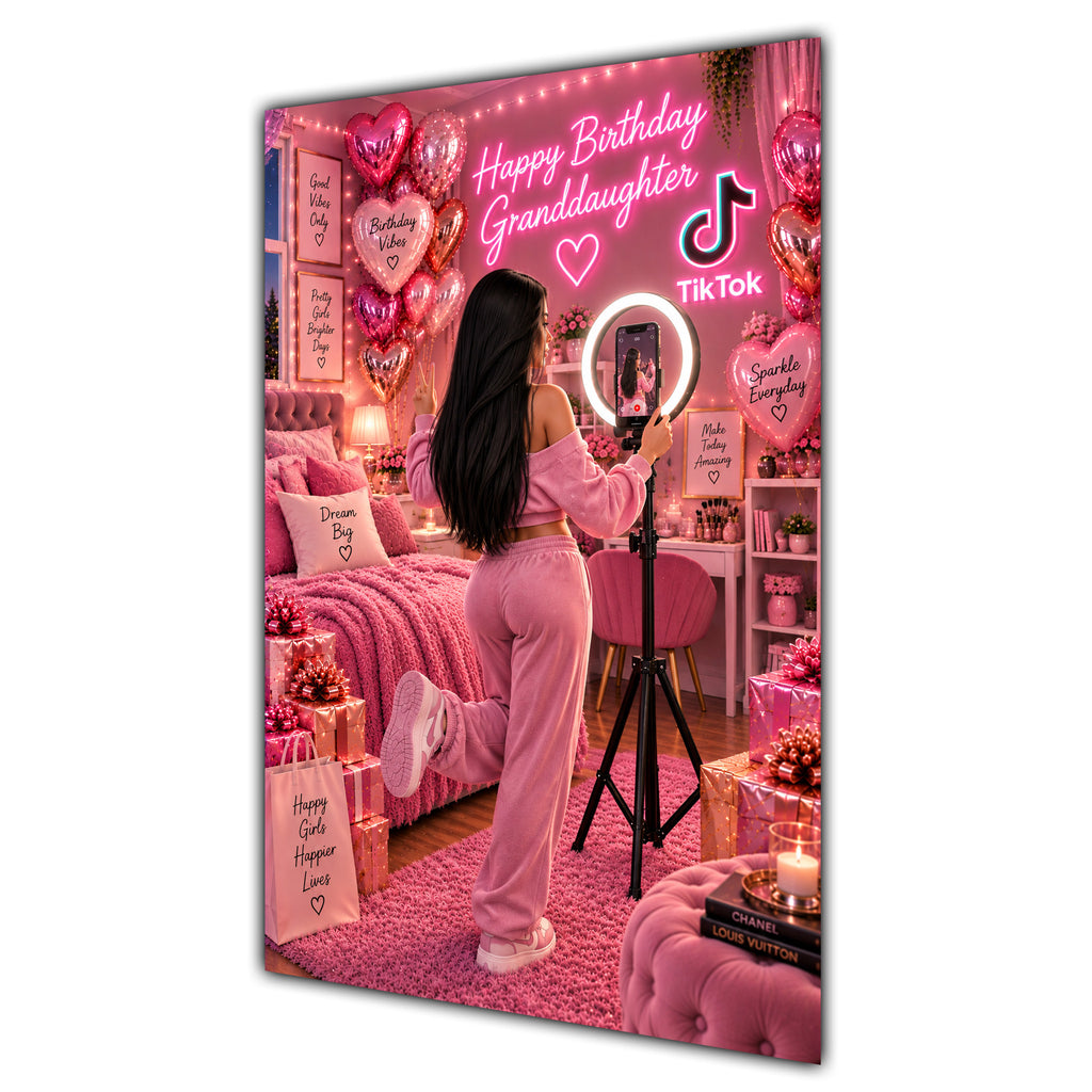 Happy Birthday Granddaughter Black Hair Pink Selfie Card A5