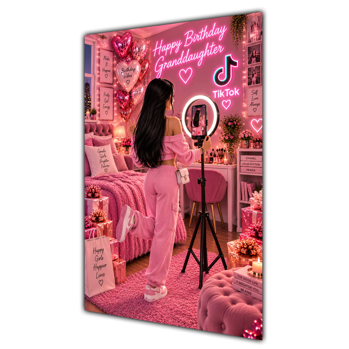 Happy Birthday Granddaughter Black Hair Pink Selfie Card A5