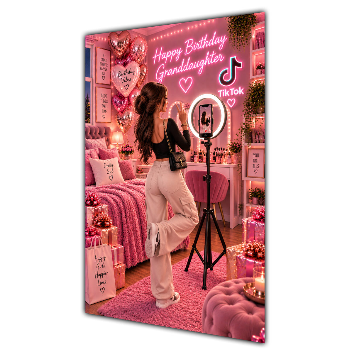 Happy Birthday Granddaughter Brown Hair Pink Selfie Card A5
