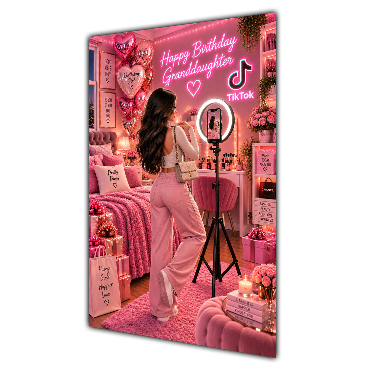 Happy Birthday Granddaughter Brown Hair Pink Selfie Card A5